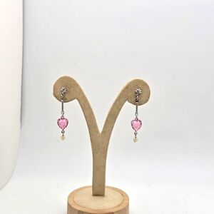 Silver Tone Faux Pink Sapphire Tourmaline Crystal Heart Dangle Earrings